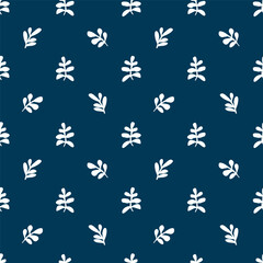 Simple doodle seamless pattern. Hand drawn white leaves of twigs on blue background. Monochrome minimalistic botanical background
