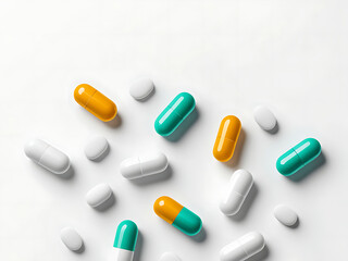 Assorted colorful medical pills on a white background isolated. Top view