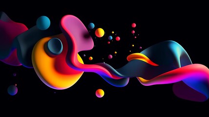 3D abstract shapes floating on black background, bright colors with shining style