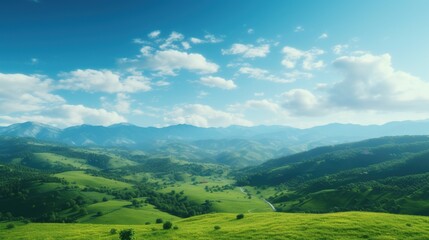 Fototapeta premium Panoramic view of green hills with clouds and blue sky seen from the plateau. Summer background.