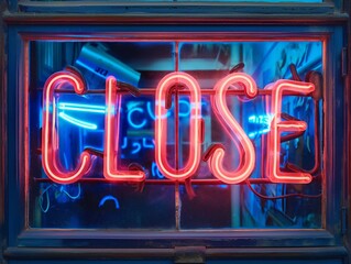 A vibrant neon 'CLOSE' sign in red and blue lights affixed to a window frame.