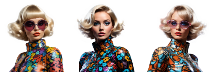 Fashion retro futuristic woman pop art style. Transparent background. Posing photoshoot. Trendy sunglasses. Vintage clothing. Wearing colorful. Beautiful makeup look. Bold eyeliner. Creative hairstyle