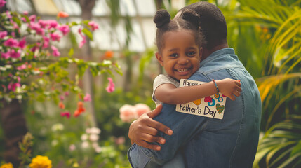A little girl, with a wide grin on her face, wraps her arms around her father's neck, presenting him with a "Happy Father's Day" card adorned with stickers and scribbles