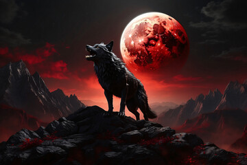 Fantasy of a wolf roaring at a red moon on a mountain