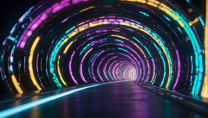 Synthetic Symphony, Abstract Futuristic Background Portal Tunnel with Harmonious Violet, Cyan, and...