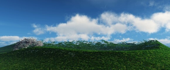 Green meadow with flowers, panorama of a green hill with flowers under a blue sky with clouds, 3D rendering