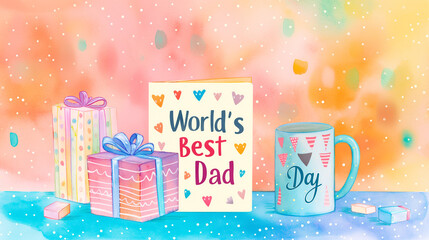 A delightful Father's Day holiday greeting card featuring fun doodles and quirky  colorful present box and a cheerful mug papercraft, handmade cutouts with a World's Best Dad