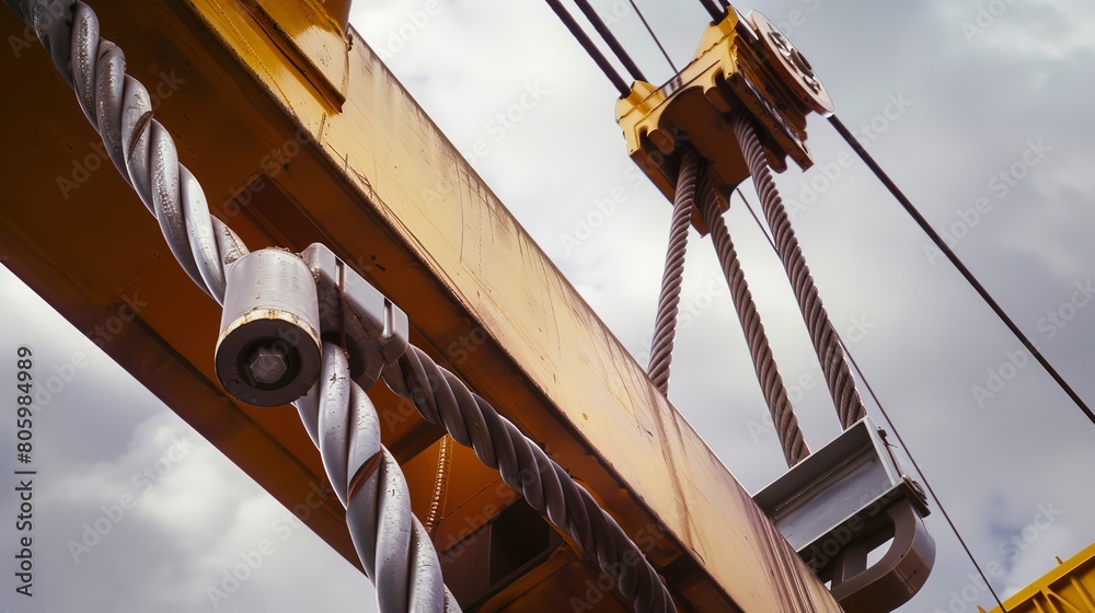 Poster Construction crane cable close-up, metallic texture, overcast sky backdrop 