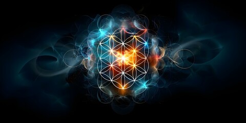 Digital Representation of Flower of Life: Intersecting Circles, Hexagons, and Vibrant Energy. Concept Flower of Life, Intersecting Circles, Hexagons, Vibrant Energy, Digital Representation