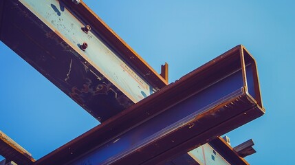 Construction site, steel beam joints close-up, sharp details, clear sky background 