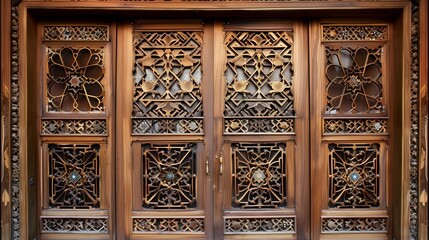Carved wooden door with an intricate lattice pattern and stained glass inserts