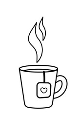 Hot drink in cup with tea bag coloring book. Black and white cup. Vector
