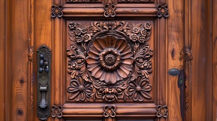 Carved wooden door with an ornate floral motif and wrought iron hardware
