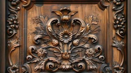 Carved wooden door with an ornate floral motif and wrought iron hardware