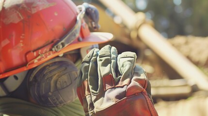 Construction safety gear, helmet and gloves close-up, focus on texture, natural light 