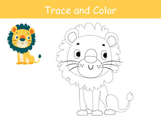 Cute lion, african animal trace and coloring book or coloring page. Vector illustration