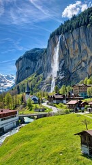 The image features a picturesque landscape with a waterfall cascading down and a building in the...
