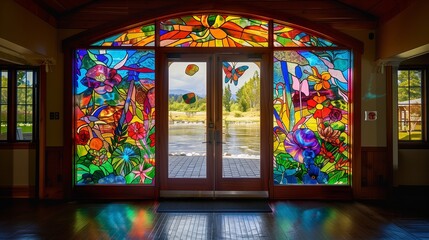 Fototapeta na wymiar Stained glass door with colorful panels depicting nature scenes
