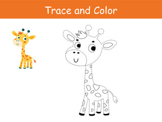 Cute Giraffe, african animal trace and coloring book or coloring page. Vector illustration