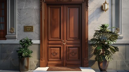 Traditional wooden door with decorative molding and a brass kick plate