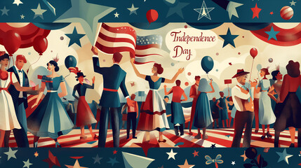 A scene depicting people celebrating the Fourth of July, with Independence Day and July 4th prominently displayed