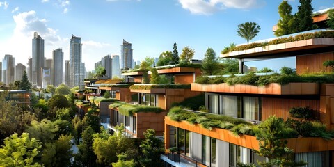 Enhanced Image of Modern Sustainable Cityscape with Green Rooftops. Concept Sustainable Architecture, Green Rooftops, Urban Development, Environmental Design, Modern Cityscape