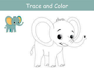 Cute elephant, african animal trace and coloring book or coloring page. Vector illustration
