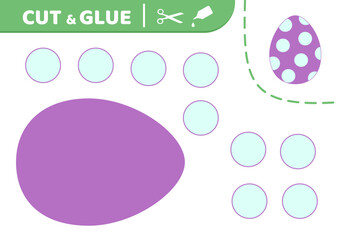 Cut and glue. Purple Easter egg with polka dots. Applique. Paper game. Vector