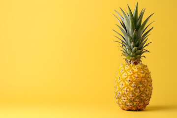 A pineapple standing tall, skin textured and detailed, against a tropical yellow background with...