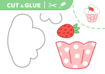 Cut and glue. Strawberry cupcake. Sweet strawberry dessert. Applique. Paper game. Vector.