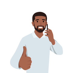 Young black man giving thumbs up while talking on the phone. Flat vector illustration isolated on white background