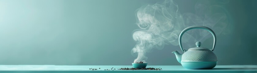 Blue teapot pouring aromatic steam into a tea cup on a solid teal background