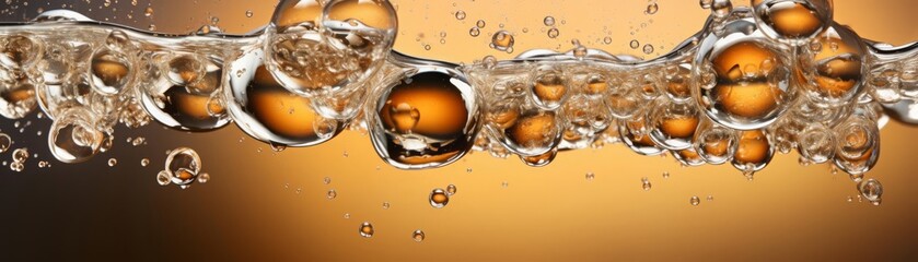 Create an image of amber liquid bubbles floating upwards in slow motion against a warm brown background