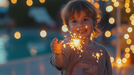  the festivities of the 4th of July, Independence Day, or Memorial Day, a happy child radiates joy as they hold a sparkler in hand