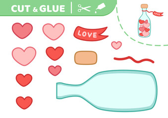 Bottle with hearts. Cut and glue. Bottle. Applique. Paper game. Vector