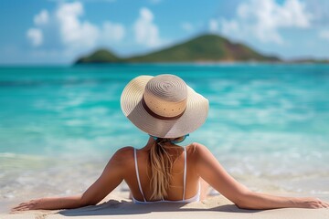 Young woman enjoying the sun sunbathing by perfect turquoise ocean