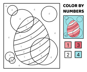 Color by number. Pink striped Easter egg. Coloring page. Game for kids. Cartoon, vector