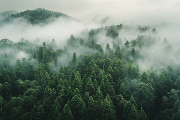 High angle shot of a beautiful forest with a lot of green trees enveloped in fog