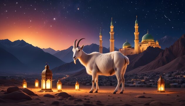Eid ul adha mubarak theme a goat is standing with a lot of islamic lantern lights in different colours around it behind beautiful view of mosque view and dark night with stars along eid celebrations 