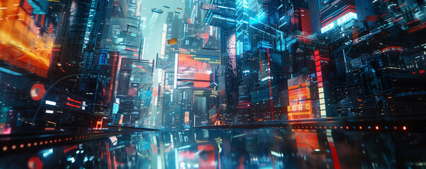 Obraz premium Capture a futuristic cityscape with towering neon buildings reflecting on sleek