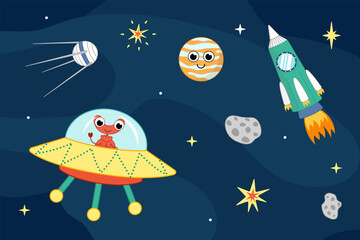 Space illustration with rocket, ufo, satellite, planet. Cartoon, vector