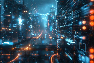 Obraz premium Advanced technological corridor illuminated by soft blue lights and vibrant orange data streams. Digital components line the corridor, enhancing the depth with a high-tech feel,