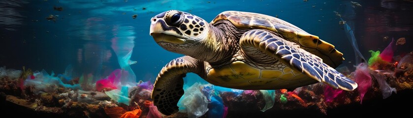 Obraz premium A beautiful sea turtle swims through a sea of colorful plastic bags