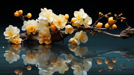 A beautiful and delicate branch of white and yellow flowers. The branch is reflected in the still water below. The image is peaceful and serene.