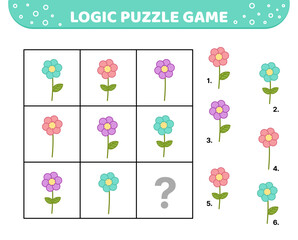 Logic puzzle game. Flowers with leaves. For kids. Cartoon