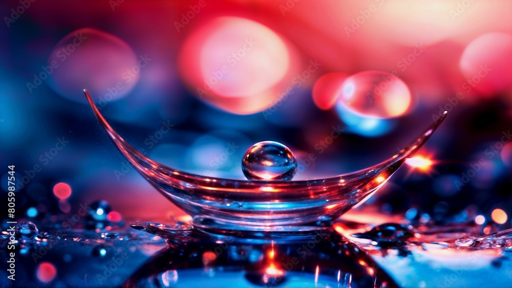 Poster reflection of colored lights from a glass object on a wet surface - generative ai