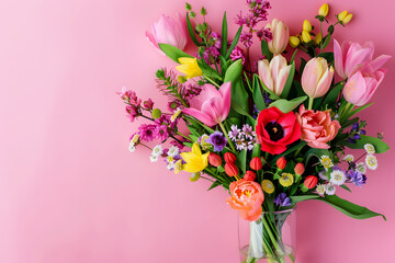 A bouquet of bright spring flowers in a vase, fresh and vibrant, against a floral display pink background with copy space for florists or spring events