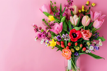 Fototapeta premium A bouquet of bright spring flowers in a vase, fresh and vibrant, against a floral display pink background with copy space for florists or spring events