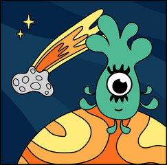 Green alien on orange planet and fire meteor. Childish space illustration. Cartoon, vector