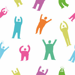 Vector drawing of a group of people, volunteers with their hands up, hand-drawn in the style of doodles.